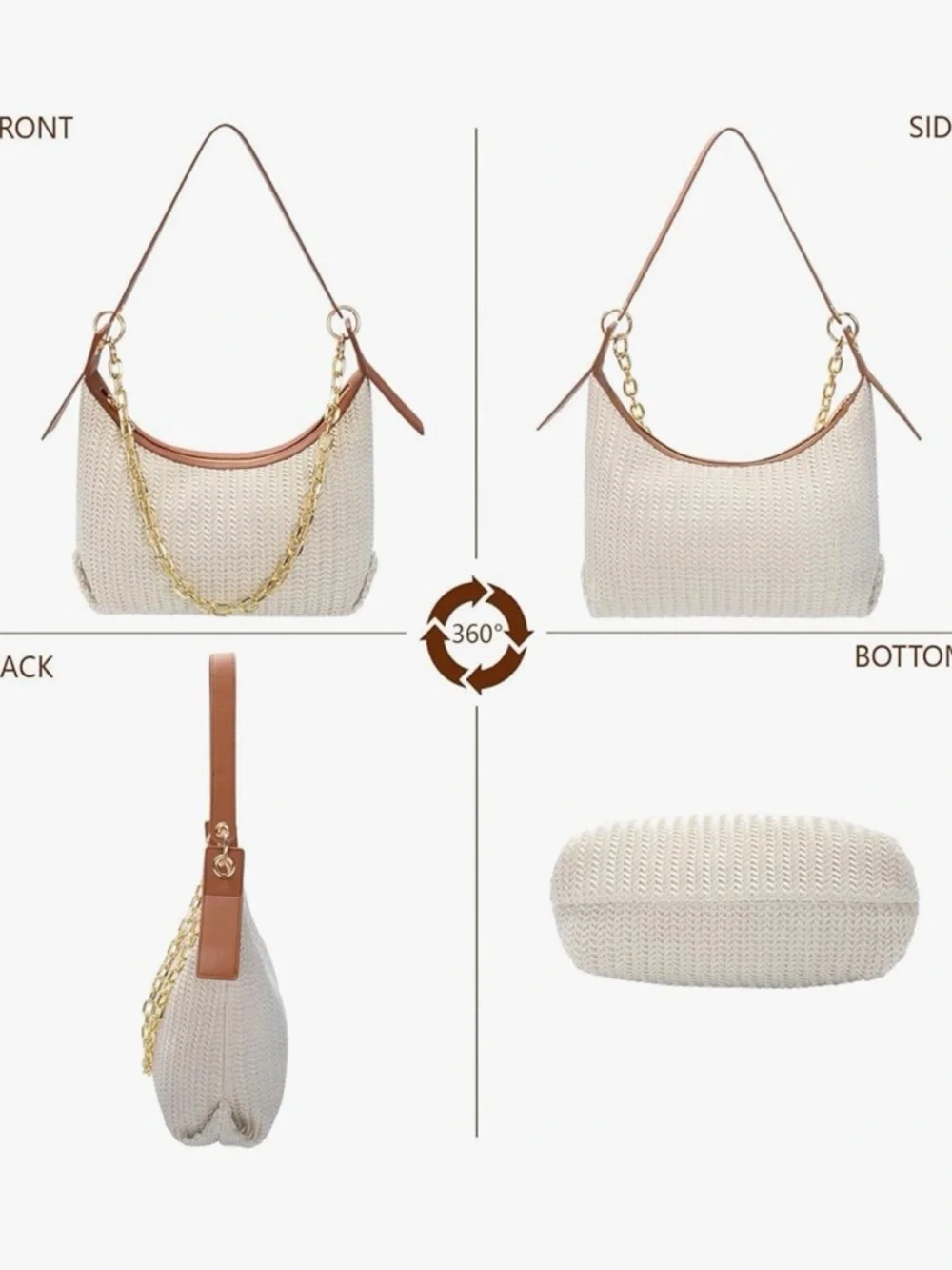 New Woven Cream Shoulder Bag with Brown Trim and Gold Chain